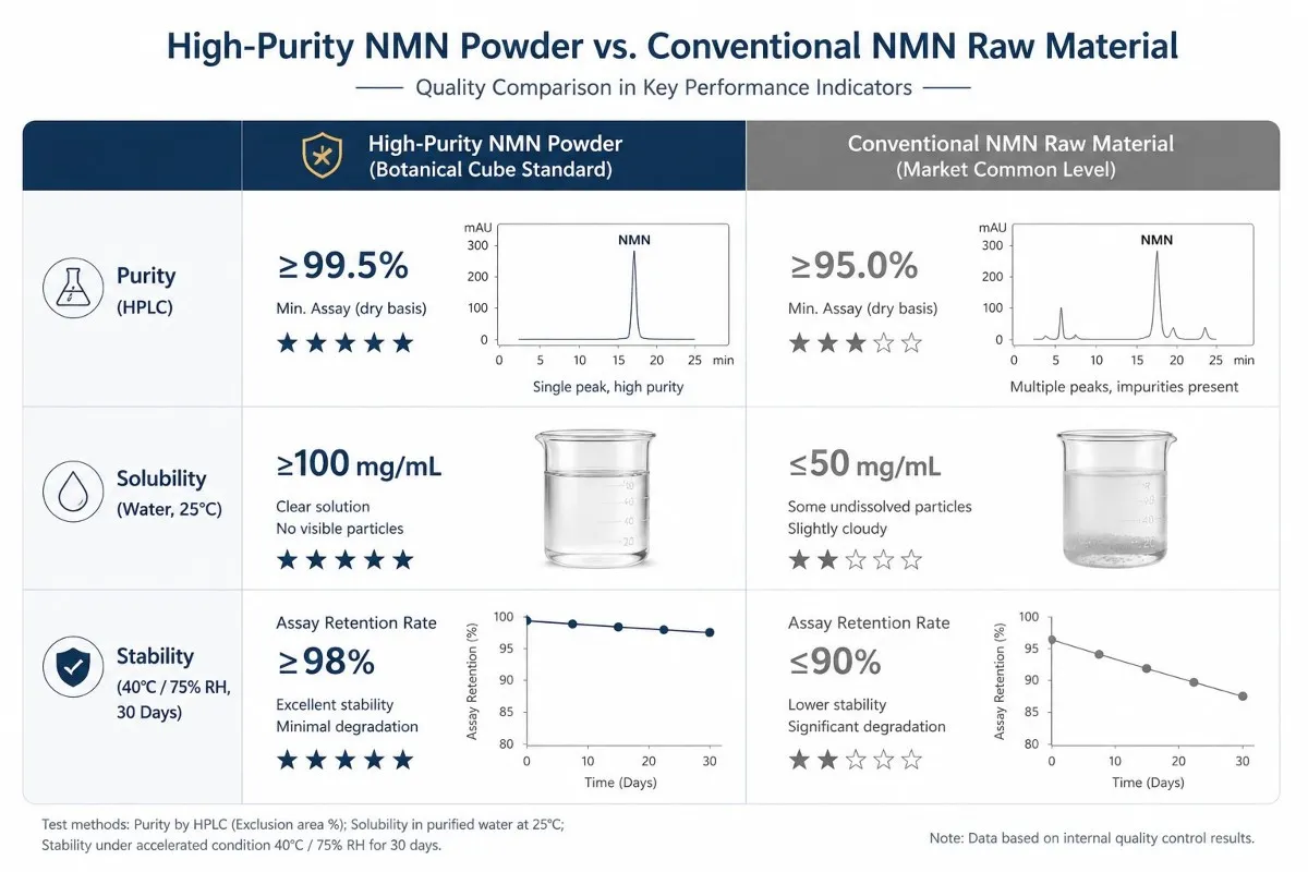 High purity powder vs conventional NMN raw material High purity powder vs conventional NMN raw material