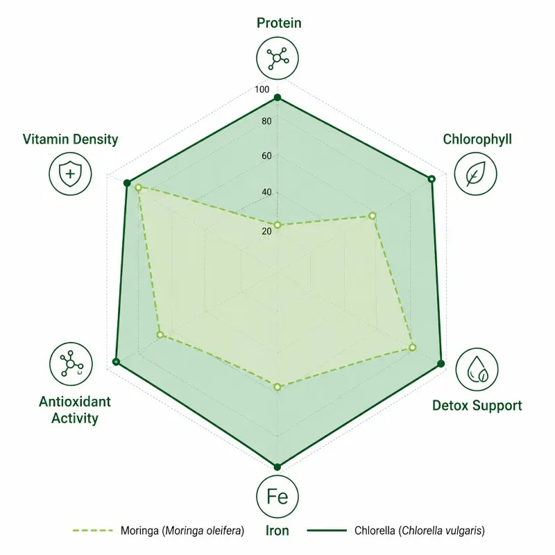 Moringa VS Chlorella Nutrient Radar Comparison Moringa VS Chlorella Nutrient Radar Comparison