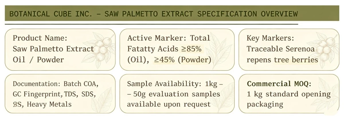 BOTANICAL CUBE INC - SAW PALMETTO EXTRACT SPECIFICATION OVERVIEW BOTANICAL CUBE INC - SAW PALMETTO EXTRACT SPECIFICATION OVERVIEW
