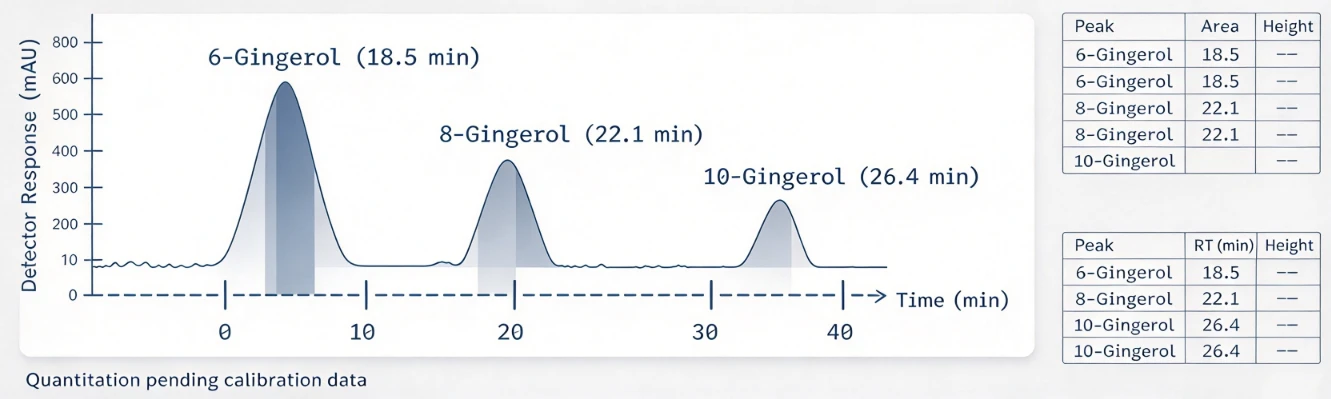 HPLC chromatogram of gingerols, extracted from ginger root HPLC chromatogram of gingerols, extracted from ginger root
